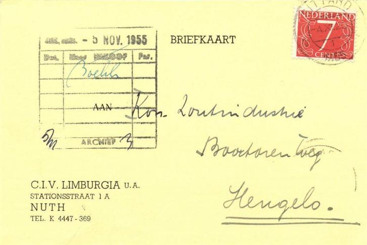 C.I.V. Limburgia u.a., Nuth - 11.1955 - briefkaart, Postzegels en Munten, Brieven en Enveloppen | Nederland, Envelop, Ophalen of Verzenden