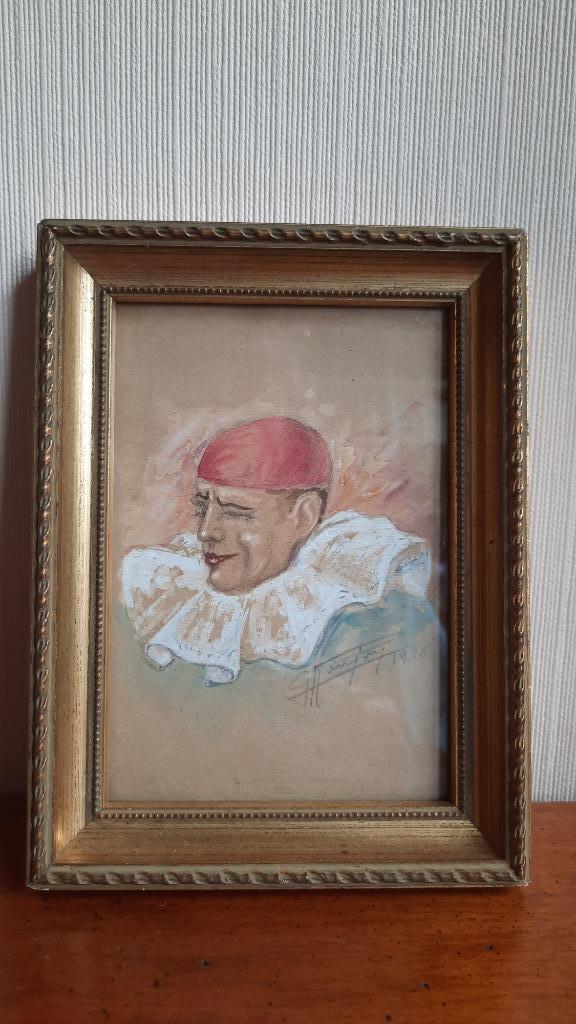 impressionisme miniatuur pastel pierrot clown gesign 1928, Antiek en Kunst, Kunst | Schilderijen | Klassiek, Ophalen of Verzenden