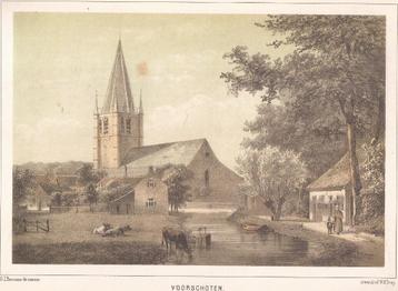 Gezicht op de Kerk in Voorschoten litho Trap naar G.J.Bos beschikbaar voor biedingen