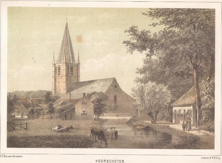 Gezicht op de Kerk in Voorschoten litho Trap naar G.J.Bos, Antiek en Kunst, Kunst | Etsen en Gravures, Ophalen of Verzenden