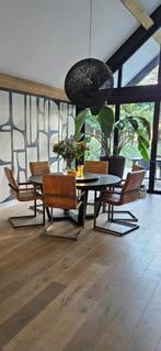 Eetkamer stoelen  6x cognac leer, Huis en Inrichting, Stoelen, Ophalen, Bruin, Zo goed als nieuw, Metaal