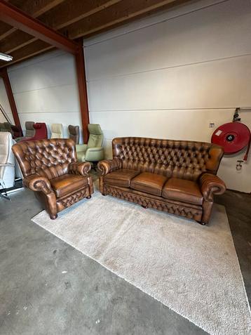 Antiek bruin chesterfield bankstel set bank vintage bruine  beschikbaar voor biedingen