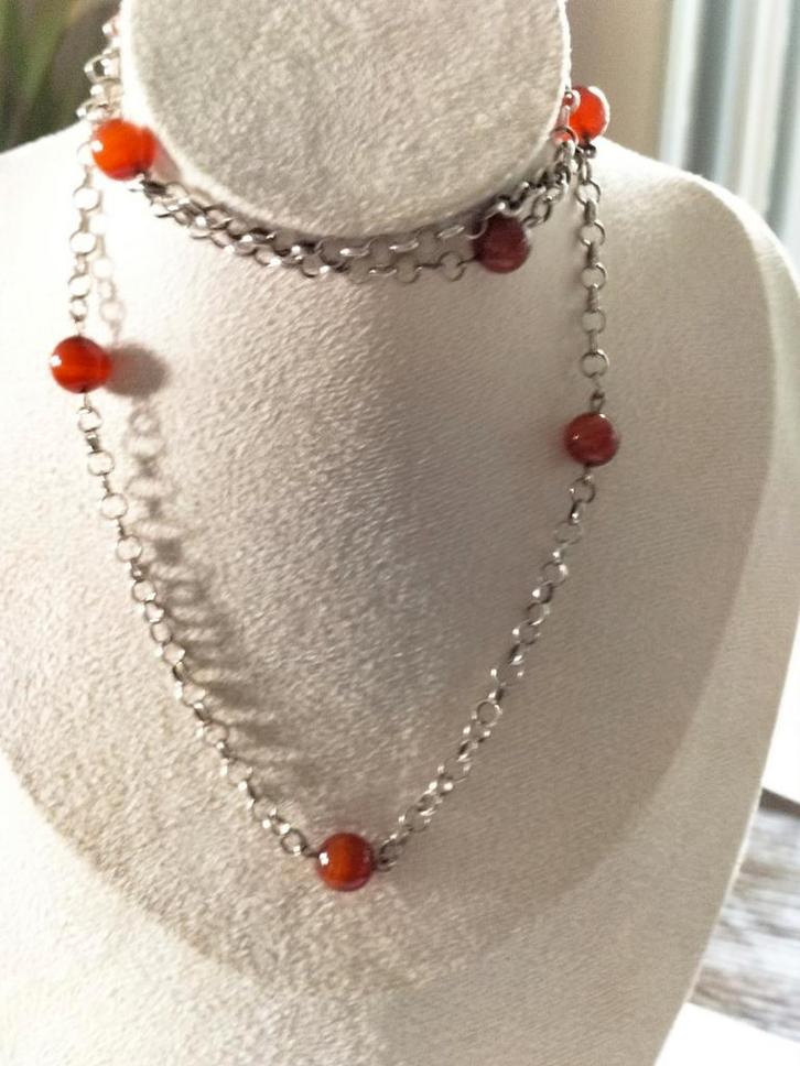 Prachtige antieke zilveren jasseron ketting met carneool kra, Sieraden, Tassen en Uiterlijk, Antieke sieraden, Ketting, Zilver