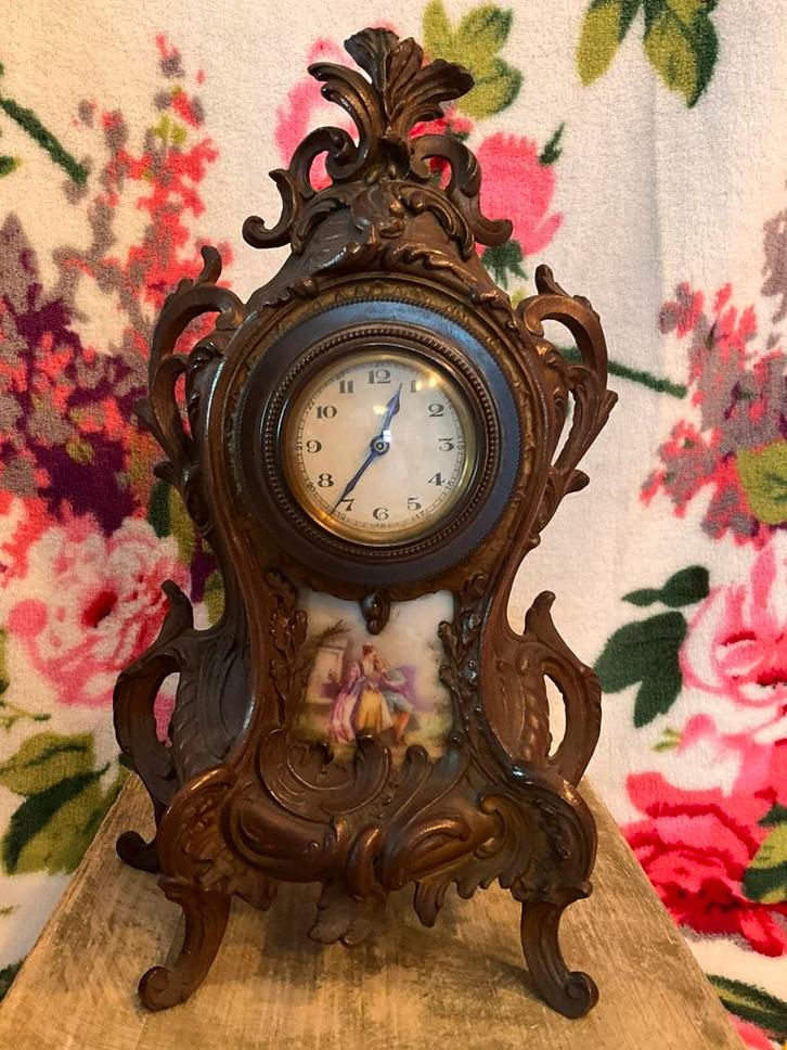 Antieke Ansonia bronzen klok met porselein Louis-XV ca1800, Antiek en Kunst, Antiek | Klokken, Ophalen of Verzenden