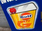 Vintage Gulf Reclamebord - Uw veiligheid is goud waard, Verzamelen, Reclamebord, Gebruikt, ., Ophalen of Verzenden