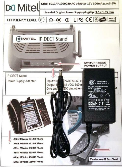 Mitel MiVoice IP Dect Ten Pao S012AP1200030 12V 0.3A Adapter, Telecommunicatie, Datacommunicatie en VoIP, Zo goed als nieuw, Toebehoren