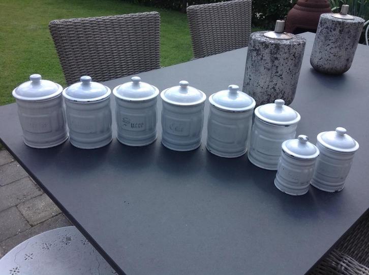 Franse Emaille Voorraadblikken - Set van 8, Antiek en Kunst, Antiek | Keukenbenodigdheden, Ophalen of Verzenden