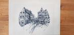 Originele pentekening grachtenpanden, 1974, door R. Ross, Ophalen of Verzenden