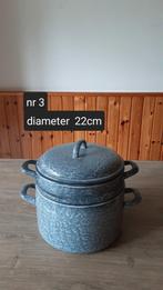 EMAILLE GRIJSGEWOLKTE STOOMPAN DIAMETER 22CM., Antiek en Kunst, Antiek | Emaille, Ophalen of Verzenden
