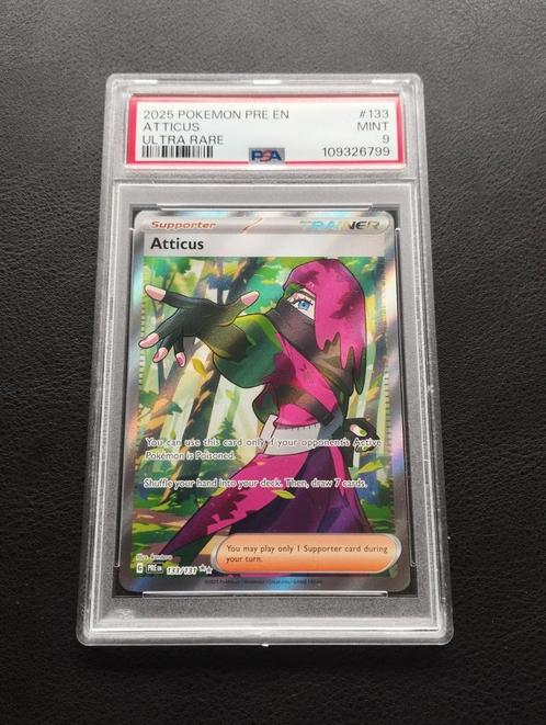 Atticus Holo Pokemon kaart PSA9 prismatic Evolutions mint, Hobby en Vrije tijd, Verzamelkaartspellen | Pokémon, Zo goed als nieuw