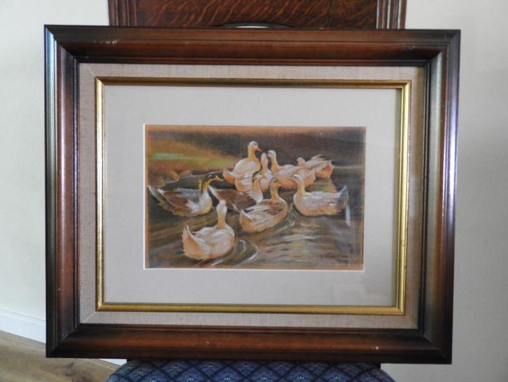 Krijttekening eendjes in het water - Gesigneerd - G. Thumann, Antiek en Kunst, Kunst | Schilderijen | Klassiek, Ophalen of Verzenden