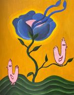 schilderij bloem en kippen, Antiek en Kunst, Kunst | Schilderijen | Modern, Verzenden