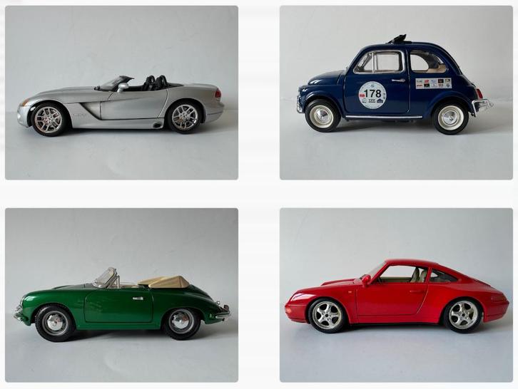 Bburago: Dodge Viper, Fiat 500, Porsche 911 en 356, Hobby en Vrije tijd, Modelauto's | 1:18, Zo goed als nieuw, Auto, Bburago