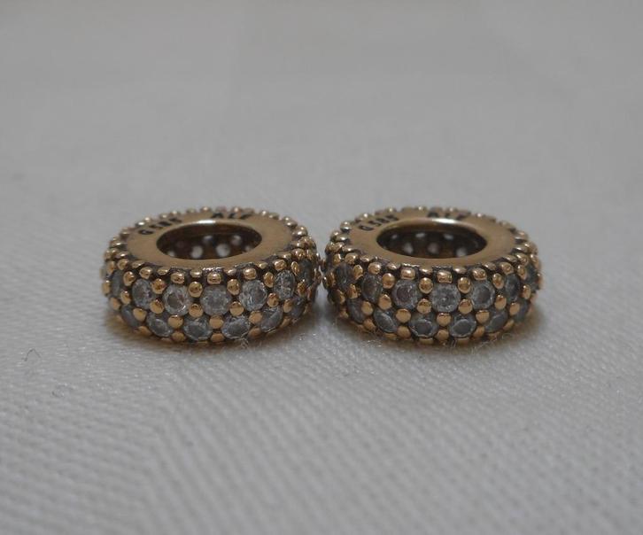 Pandora 14 kt gouden set 2 spacers met zirkonia  nr.1776, Sieraden, Tassen en Uiterlijk, Bedels, Zo goed als nieuw, Pandora, Goud