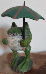 Beeld sculptuur kikker met paraplu hout houtsnijwerk, Ophalen of Verzenden