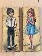 Jolylle jaren 70 retro vintage schilderijtjes jongen meisje, Antiek en Kunst, Ophalen of Verzenden