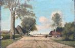 Boerderijen met fries dorp op achtergrond.Olie op paneel., Antiek en Kunst, Ophalen