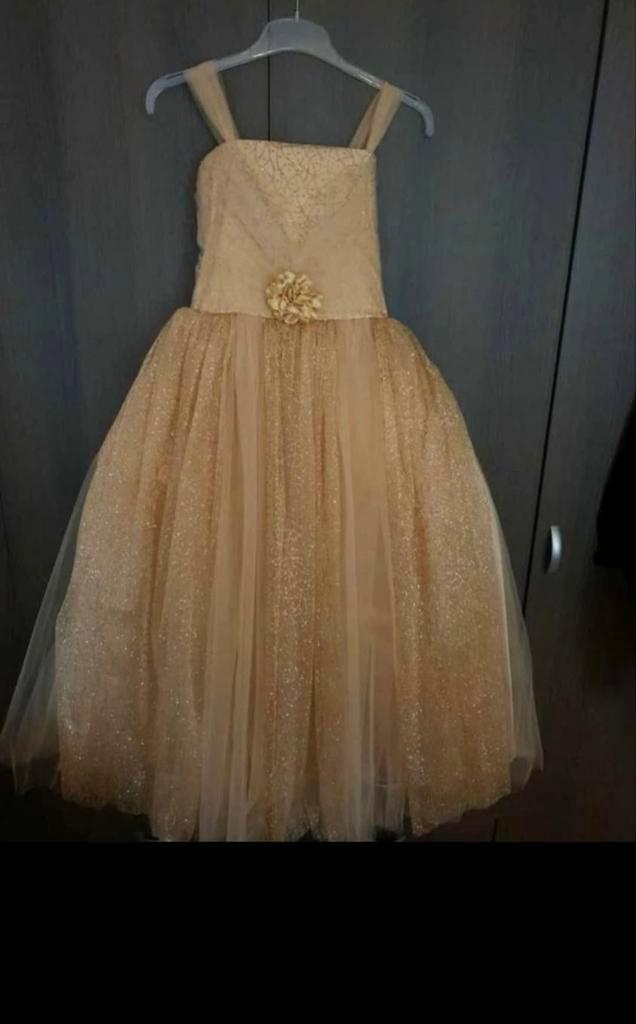 Gouden communie jurk (feestjurk) (maat 140), Kinderen en Baby's, Kinderkleding | Maat 140, Zo goed als nieuw, Meisje, Jurk of Rok