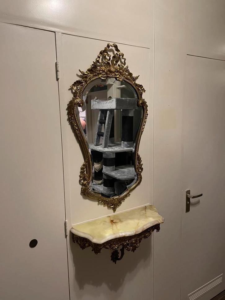 Mooie antieke spiegel met console van messing en marmer, Antiek en Kunst, Antiek | Spiegels, 50 tot 100 cm, Minder dan 100 cm