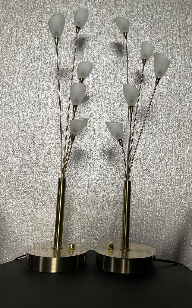 2 Dimbare, goudkleurige JAN DE BOUVRIE tafellampen (H=70cm), Huis en Inrichting, Lampen | Tafellampen, 50 tot 75 cm, Glas, Metaal