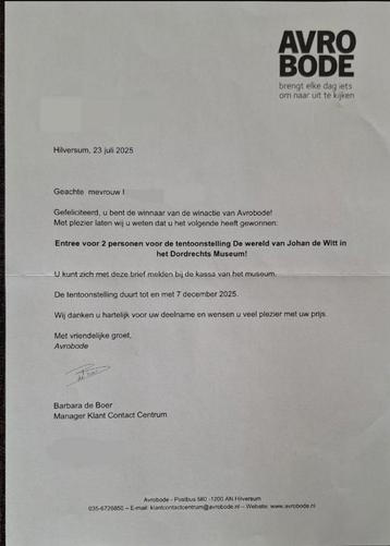 2 Vouchers Tentoonstelling De wereld van Johan de Witt! beschikbaar voor biedingen