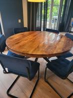 Mangohouten eettafel kruispoot industriële, Huis en Inrichting, Ophalen, Rond, Zo goed als nieuw, Overige houtsoorten