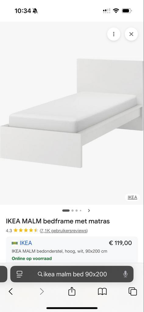 IKEA MALM bed, gedemonteerd, Huis en Inrichting, Slaapkamer | Bedden, Gebruikt, Eenpersoons, 90 cm, 200 cm, Hout, Wit, Ophalen