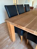 Houten eettafel met 6 zwarte leren stoelen, Ophalen, Gebruikt, 4 tot 6 stoelen