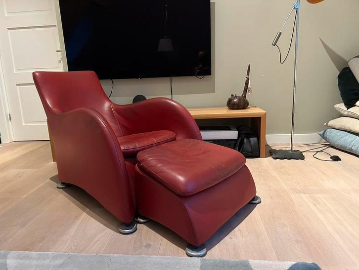 Montis loge fauteuil en voetenbank, Huis en Inrichting, Fauteuils, Gebruikt, Leer, Metaal, 50 tot 75 cm, 100 tot 125 cm, Ophalen