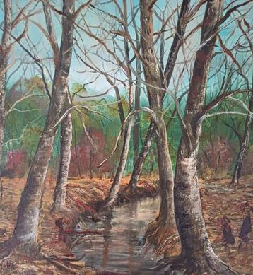 Schilderij bosgezicht, olieverf op doek, nieuw. beschikbaar voor biedingen