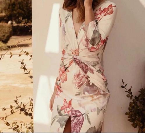 Feversave luxe jurk roze romantische print 3/4 mouw XL (40), Kleding | Dames, Jurken, Nieuw, Maat 38/40 (M), Overige kleuren, Onder de knie