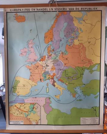Historische wandkaart Europa ca.1700 + handel en visserij beschikbaar voor biedingen