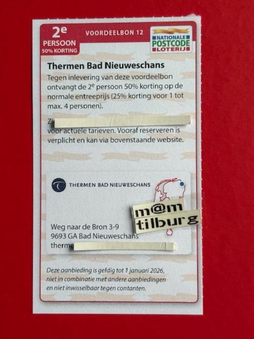 Voordeelbon 12 Thermen Bad Nieuweschans 2e pers 50% korting, Tickets en Kaartjes, Kortingen en Cadeaubonnen, Drie personen of meer
