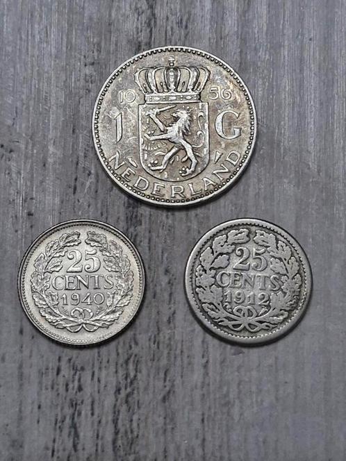 1 x gulden en 2 x 25 cent Nederland, Postzegels en Munten, Munten | Nederland, 25 cent, Koningin Wilhelmina, Ophalen of Verzenden