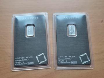 Valcambi Suisse: 2 x 1 gram Platina. Oplopend Serienummer. beschikbaar voor biedingen