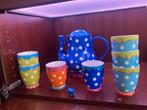 Oilily Theeservies - Blauwe Theepot & 7 Kopjes, Gebruikt, Keramiek, Ophalen of Verzenden, Overige stijlen