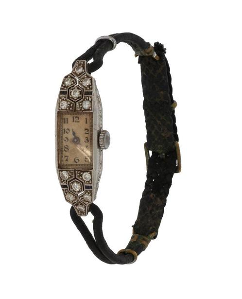 Antieke platina diamant saffier Art Deco dames horloge, Sieraden, Tassen en Uiterlijk, Antieke sieraden, Armband, Goud, Met edelsteen