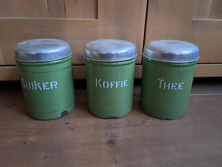 Set 3 vintage groene emaille bewaarbussen thee koffie suiker, Antiek en Kunst, Antiek | Emaille, Ophalen of Verzenden