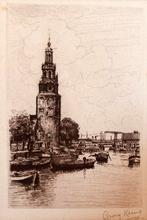 George Keens, gezicht op Montelbaanstoren, ets, Ophalen of Verzenden