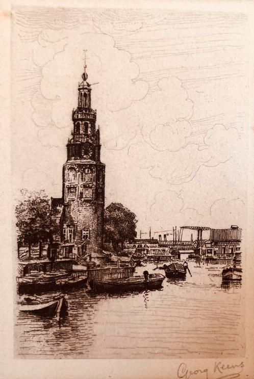 George Keens, gezicht op Montelbaanstoren, ets, Antiek en Kunst, Kunst | Etsen en Gravures, Ophalen of Verzenden