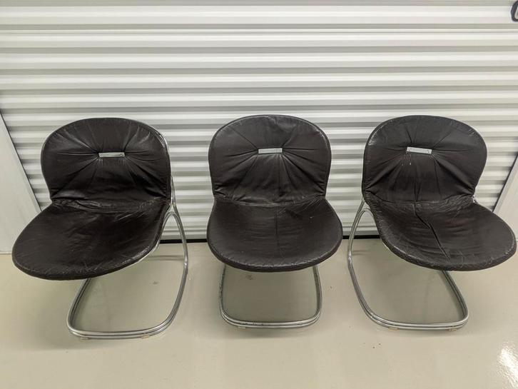 Gastone Rinaldi Vintage Stoelen Chroom 4 Design Jaren 70, Huis en Inrichting, Stoelen, Zo goed als nieuw, Vier, Leer, Ophalen of Verzenden