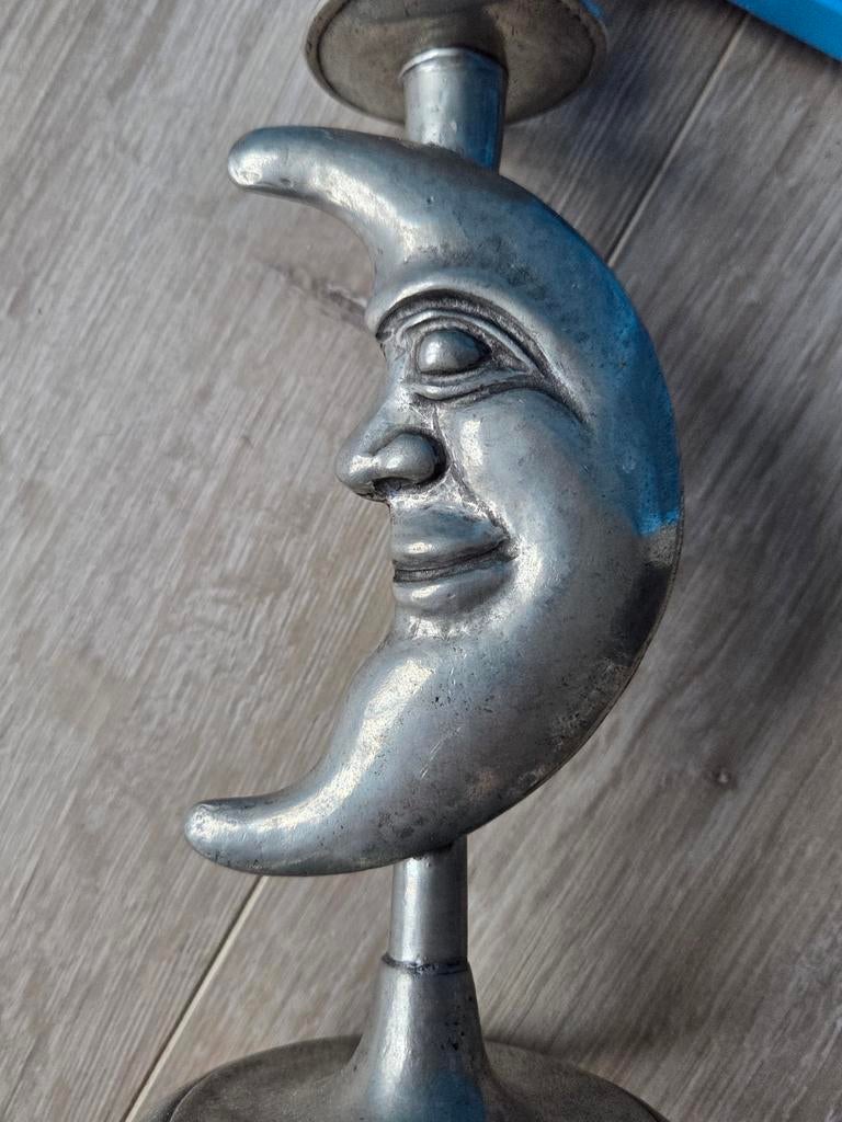 Duitse Tin Kandelar Kaarsenhouder Lachende Maan 22cm Vintage, Antiek en Kunst, Antiek | Tin, Ophalen