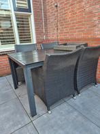 Antraciet tuinset met 4 stoelen en grijze kussens, Ophalen, 4 zitplaatsen, Gebruikt, Wicker