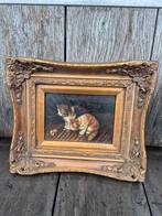 Antiek katten schilderijtje olieverf op paneeltje, Antiek en Kunst, Ophalen of Verzenden