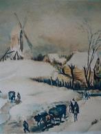 aquarel dorp in sneeuw met molen, paard en wagen, jaren 30, Verzenden