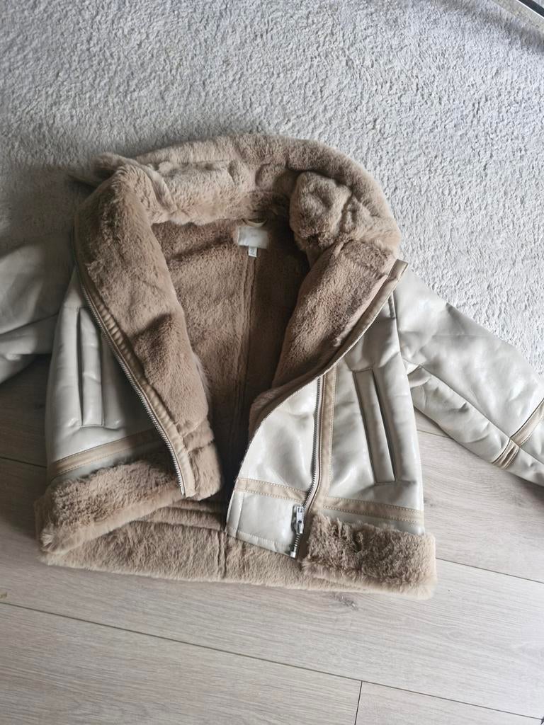 Bikerjack met teddy voering, Kleding | Dames, Jassen | Winter, Maat 38/40 (M), H&M, Beige, Nieuw