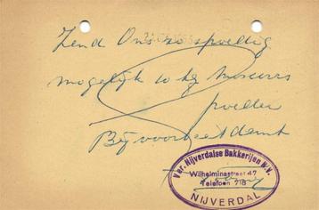 Ver. Nijverdalse Bakkerijen NV, Nijverdal - briefkaart beschikbaar voor biedingen