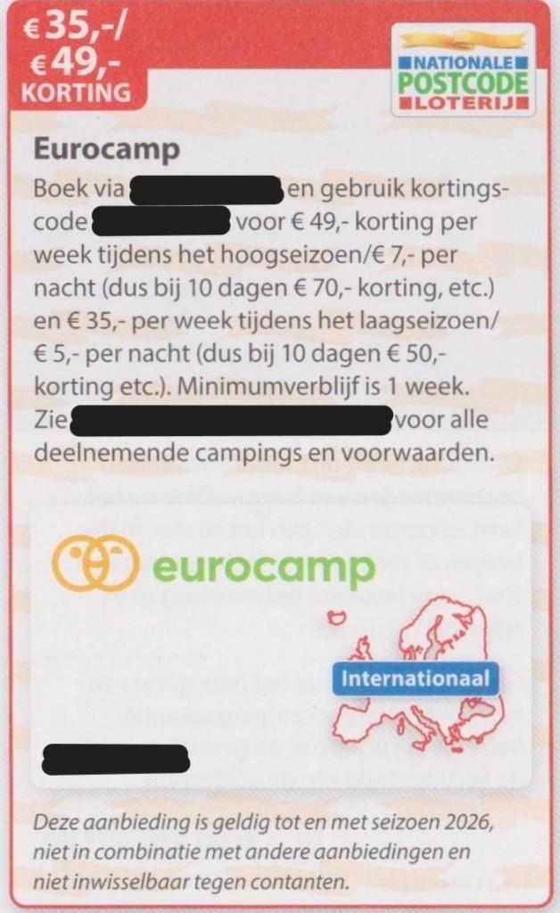 Eurocamp. € 35,- / € 49,- korting. Postcodeloterij bon., Tickets en Kaartjes, Kortingen en Cadeaubonnen, Drie personen of meer