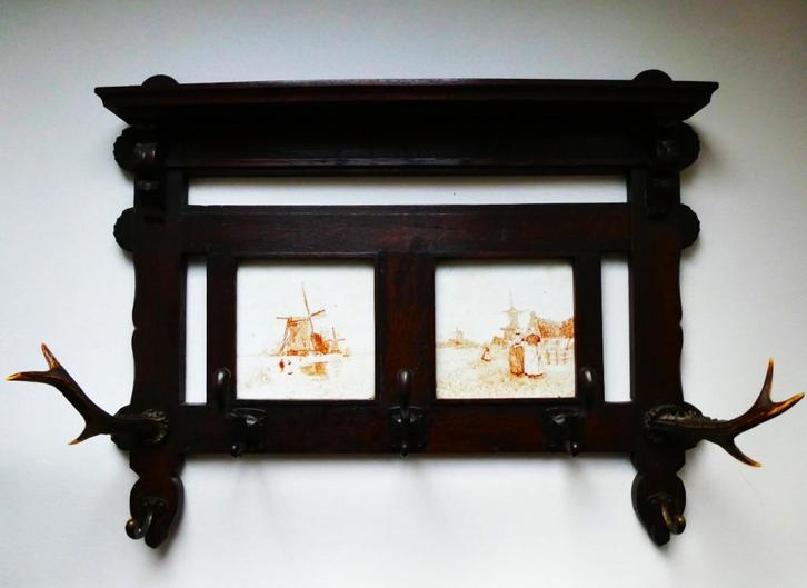 Hollandse kapstok gewei 2 tegels klederdracht jacht 5 haken, Antiek en Kunst, Curiosa en Brocante, Ophalen of Verzenden