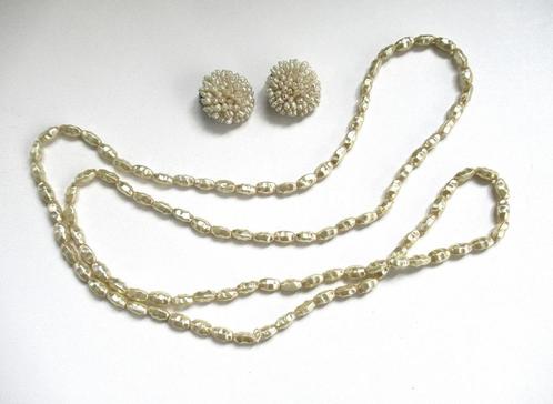 Vintage zoetwater rijst parel set collier met clip oorbellen, Sieraden, Tassen en Uiterlijk, Antieke sieraden, Ophalen of Verzenden